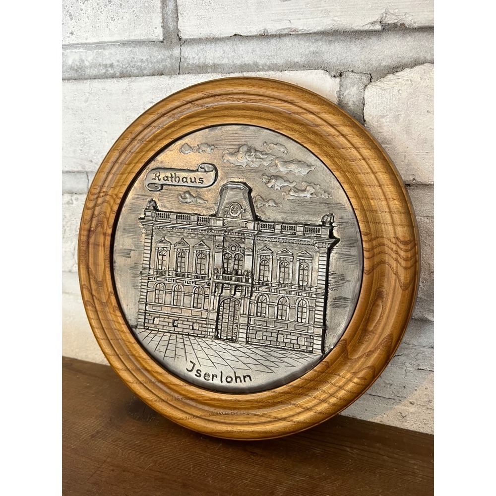 Vintage Pewter Inlaid Wood Frame Relief Picture of City Hall Iserlohn Germany